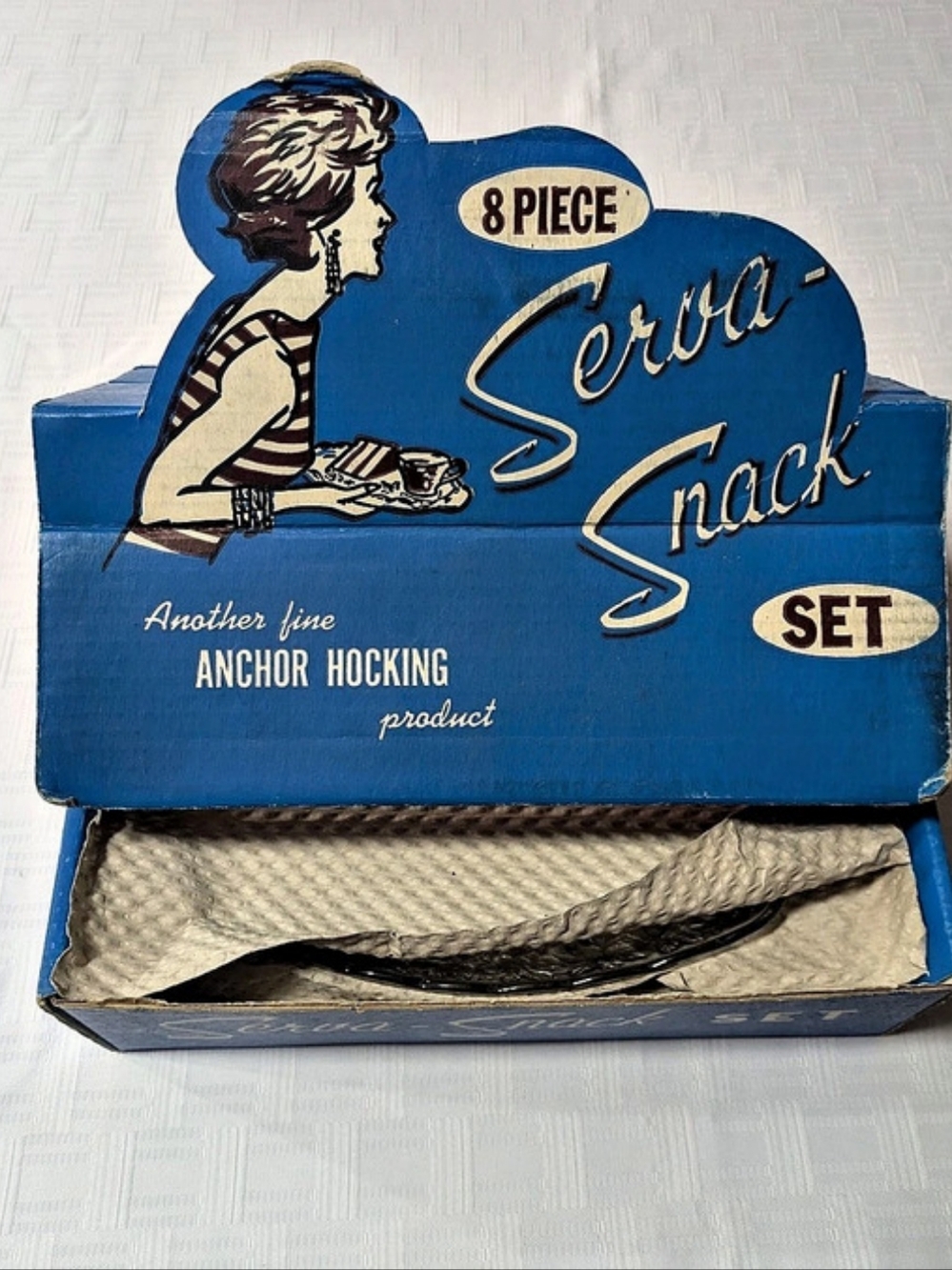 Vintage 1950s Anchor Hocking 8-Piece Serva-Snack Set with Original Display Box